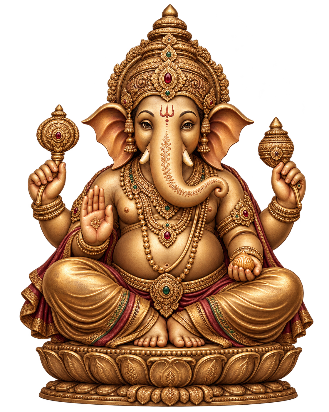 Antique bronze-gold Lord Ganesha seated on a carved lotus pedestal